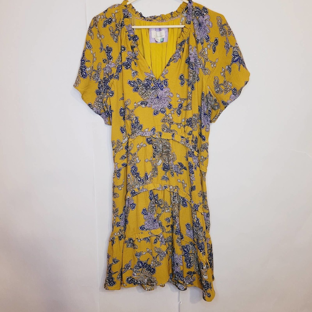 Anthropologie Mustard Yellow Floral Midi Dress